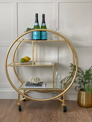 Gold Round Drinks Trolley 3-Tier Glass Shelving