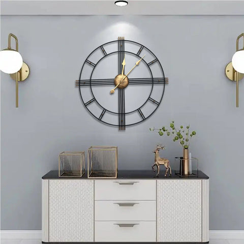 Large Art Deco Geometric Black Wall Clock With Gold Hands 60cm