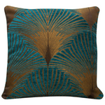 Gold & Teal Blue Art Deco Fan Cushion Luxury Velvet 17"