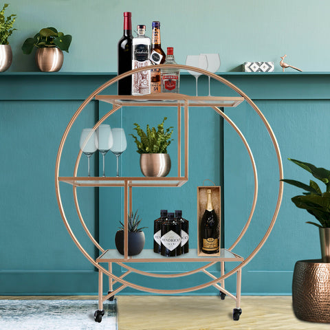 Rose Gold Round Drinks Trolley 3-Tier Glass Shelving